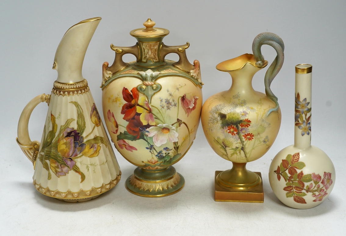 Four Worcester blush ivory floral vases and ewers, 1215, 1361, 1968 & 1654, largest 22cm high. Condition - good